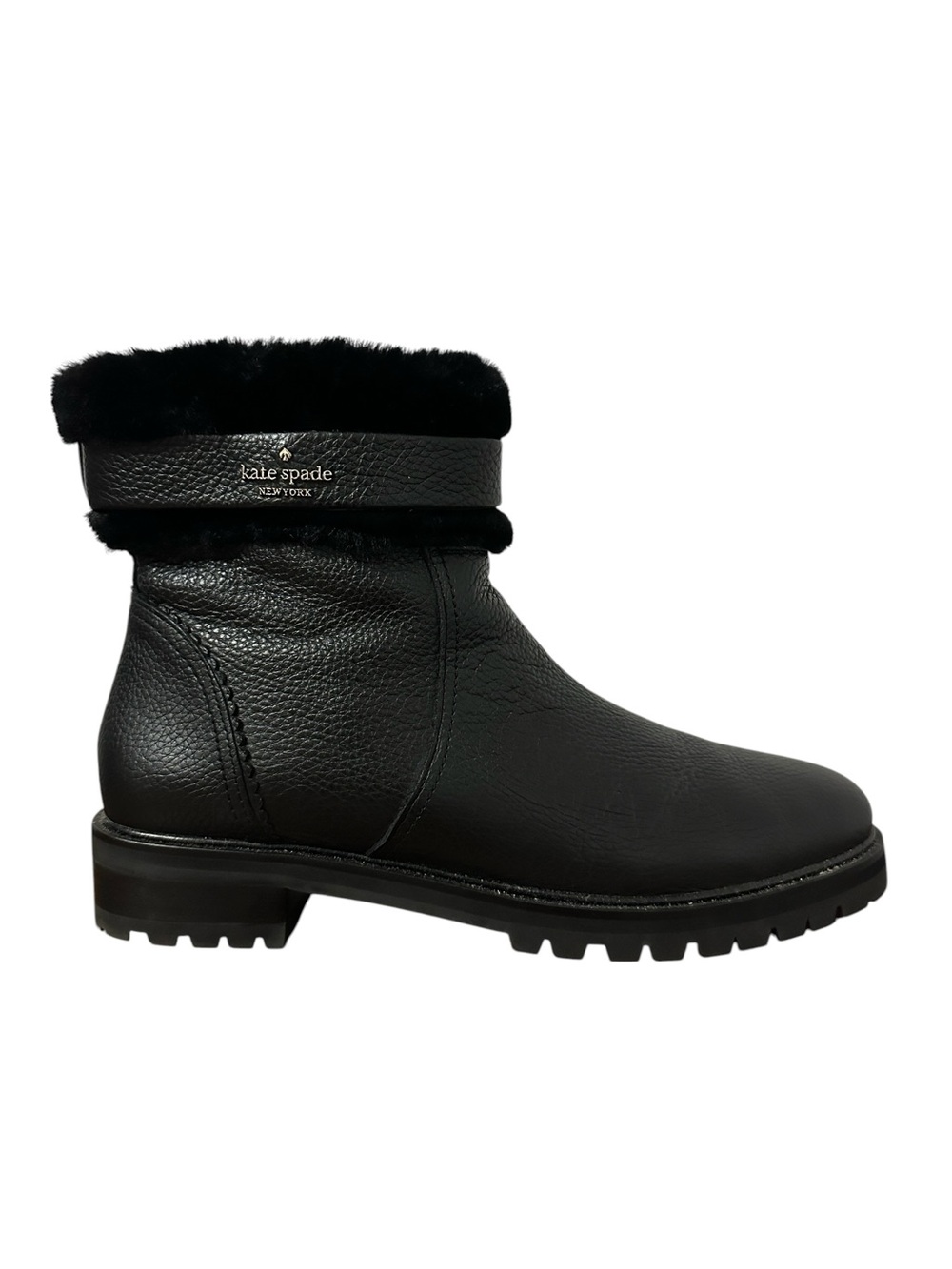 Kate Spade Women's Bailee Black Leather Faux Fur Trim Winter Lug Sole Booties 11